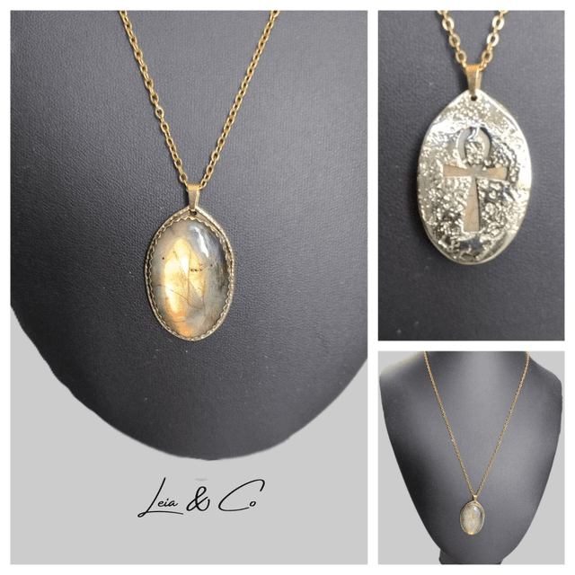 Collier doré Labradorite verte et Ankh LEIA&amp;CO