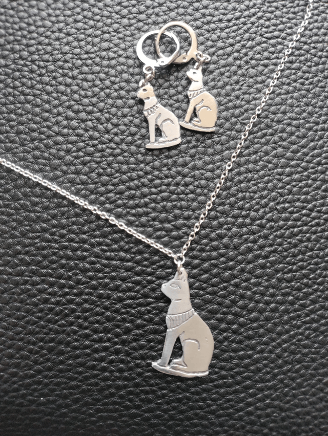 Parure collier et boucles d'oreilles Bastet déesse chat égyptien LEIA&CO