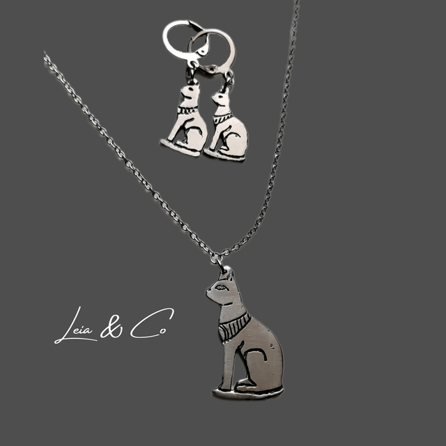 Parure collier et boucles d'oreilles Bastet déesse chat égyptien LEIA&CO