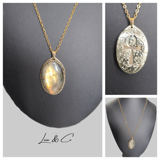Collier doré Labradorite verte et Ankh LEIA&CO