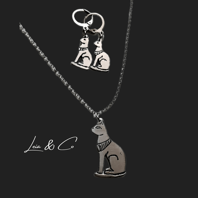 Parure collier et boucles d'oreilles Bastet déesse chat égyptien LEIA&CO